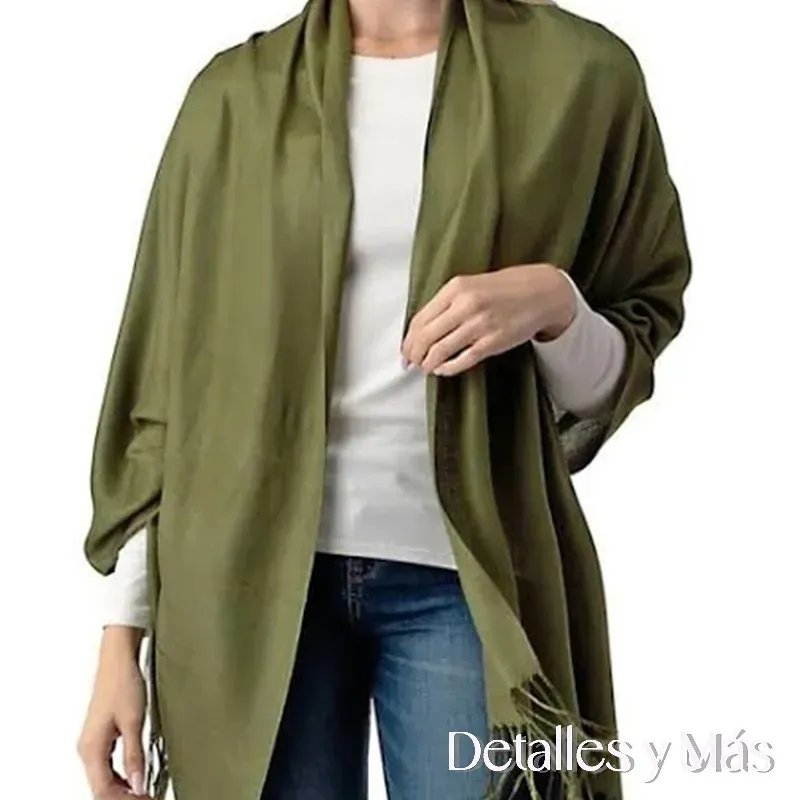 Pashmina de lana cashmere en color verde oscuro kaki para bodas y eventos