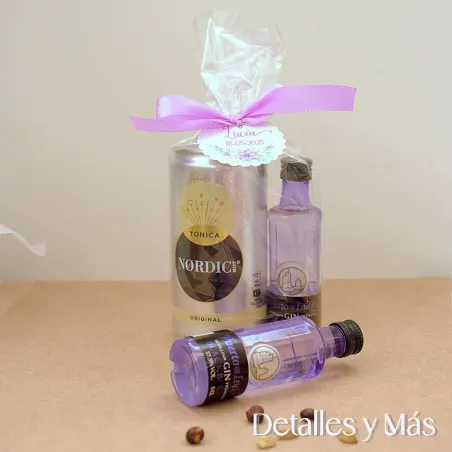 Pack de miniatura de ginebra puerto de indias sabor mora y tónica en paquete personalizado para cualquier evento