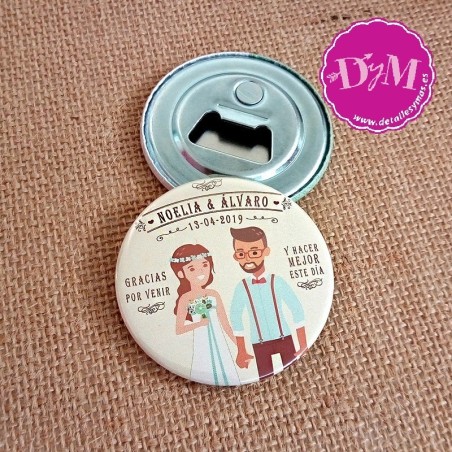 Chapa, espejo, abrebotellas o imán. Modelo Boda Vintage