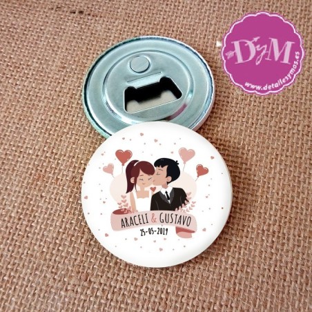 Chapa para bodas Claqueta. Espejo, abrebotellas o imán.