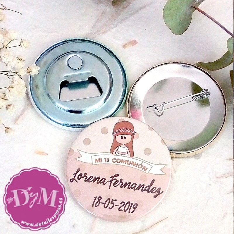 Chapa espejo o abrebotellas de comunión Niña Lorena