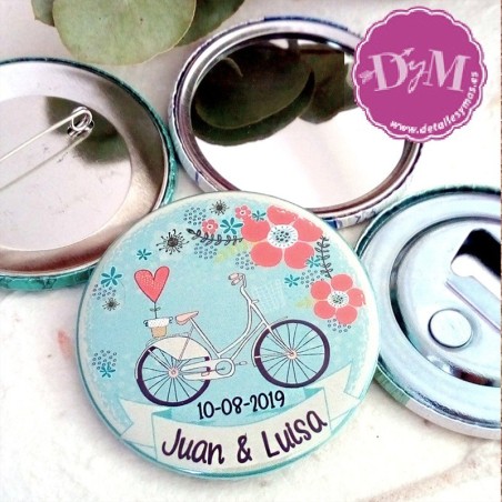 Chapa para bodas Bici, Espejo, abrebotellas o imán.
