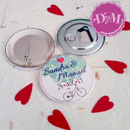 Chapa para bodas Ciclo Espejo, abrebotellas o imán.