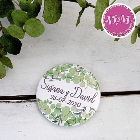Chapa, espejo, abrebotellas o imán para boda Hojas de Eucalipto