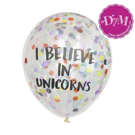 Globos tranparentes con confetti "Yo creo en Unicornios "