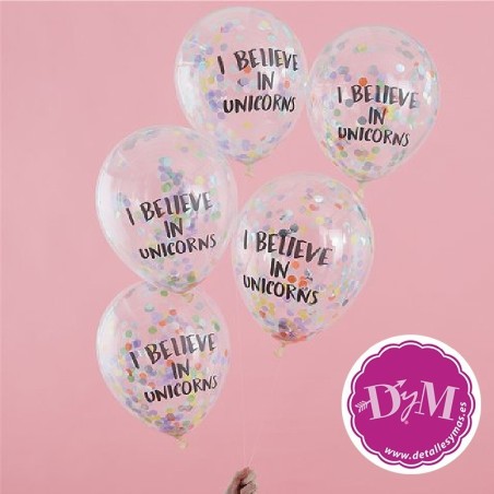 Globos tranparentes con confetti "Yo creo en Unicornios "