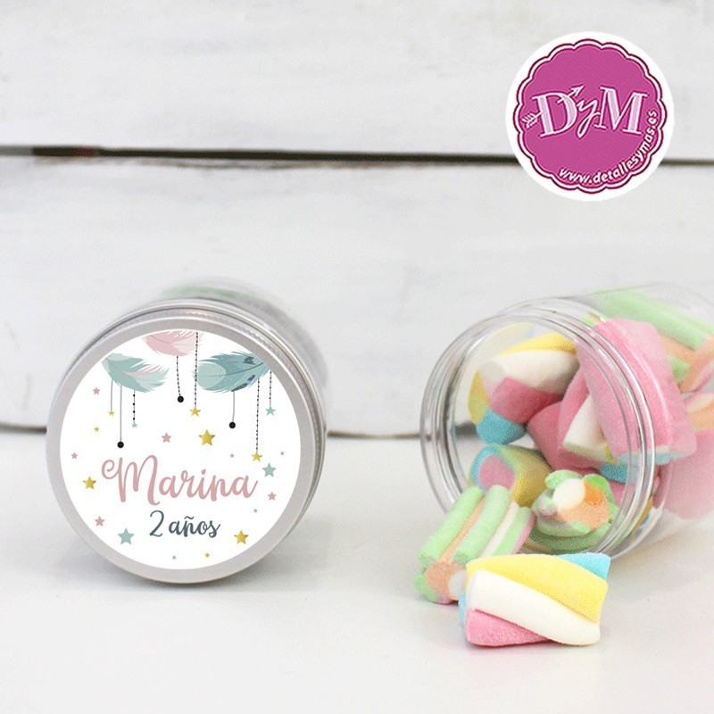 Tarro transparente gominolas bautizo "piececitos"