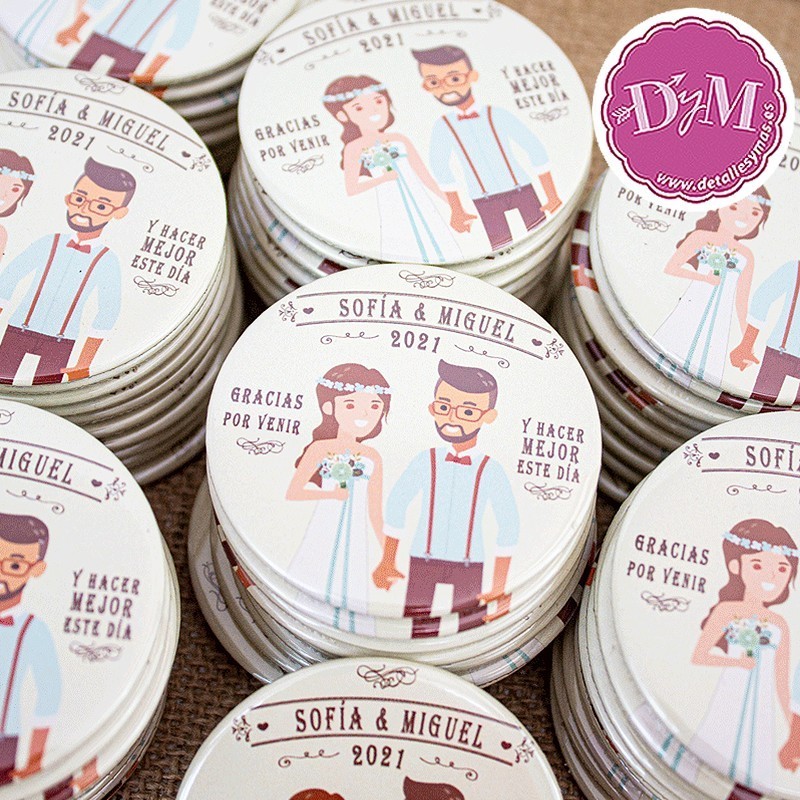 Chapa, espejo, abrebotellas o imán. Modelo Boda Vintage