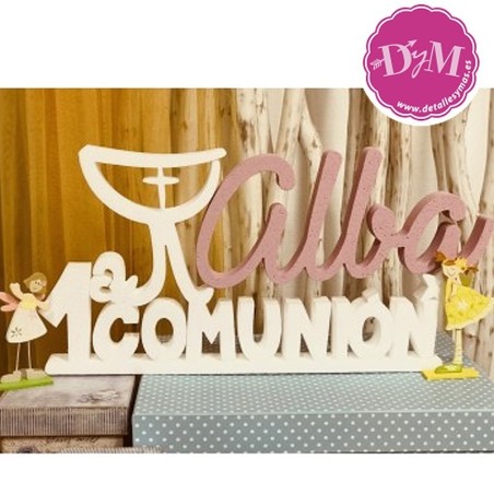 Primera comunión en corcho con nombre rosa y caliz
